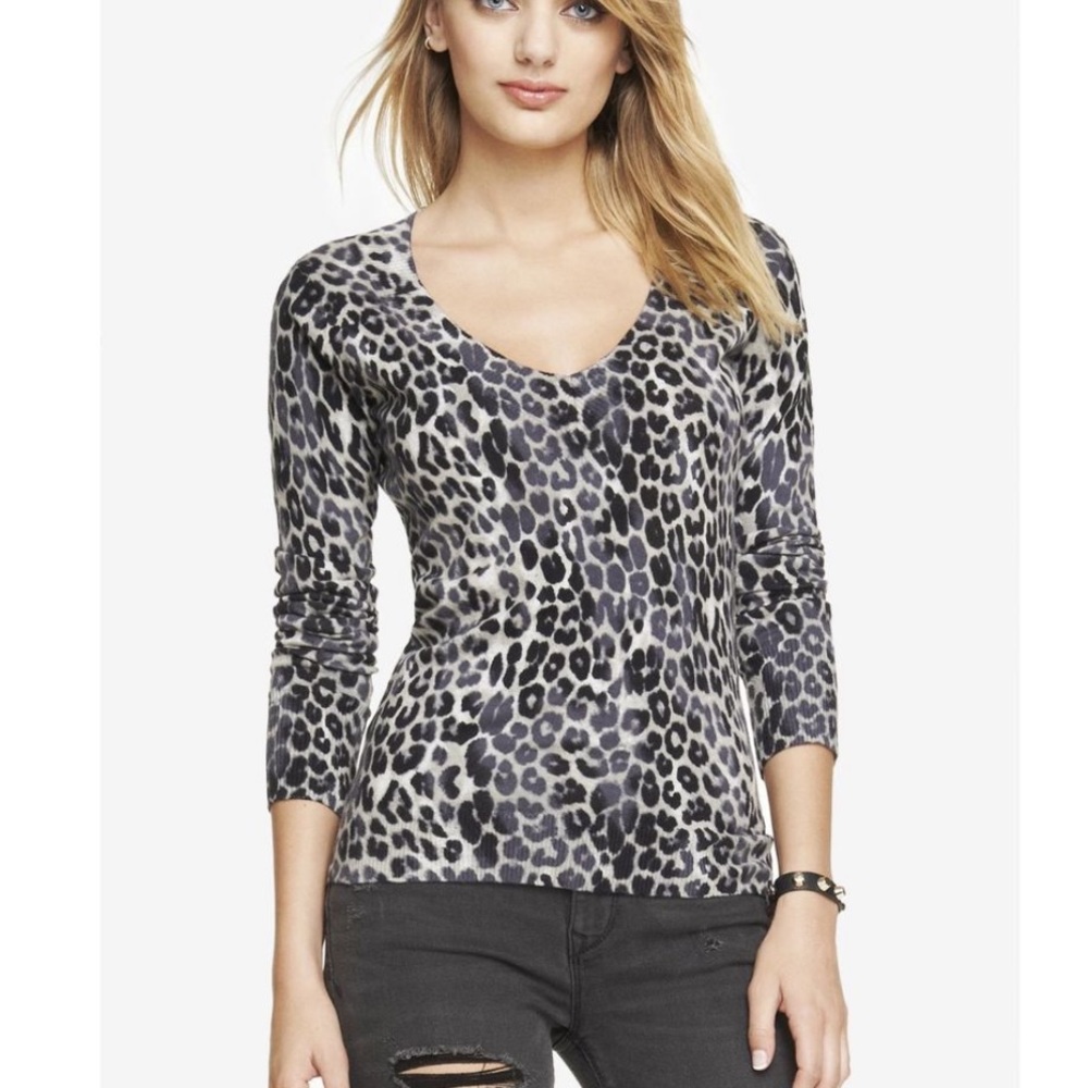 Blues and grey cheetah print v-neck sweater